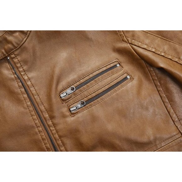 🆕 Men Brown Stand Collar Leather Jacket Motorcycle Lightweight Faux Outwear - Picture 4 of 6